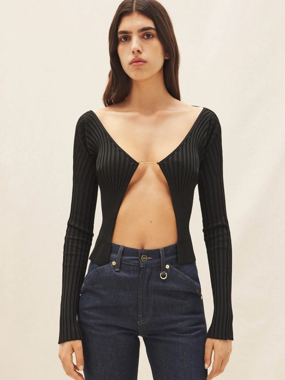 Jacquemus Black Ribbed Deep-V Long Sleeve Crop Top with Gold Clasp